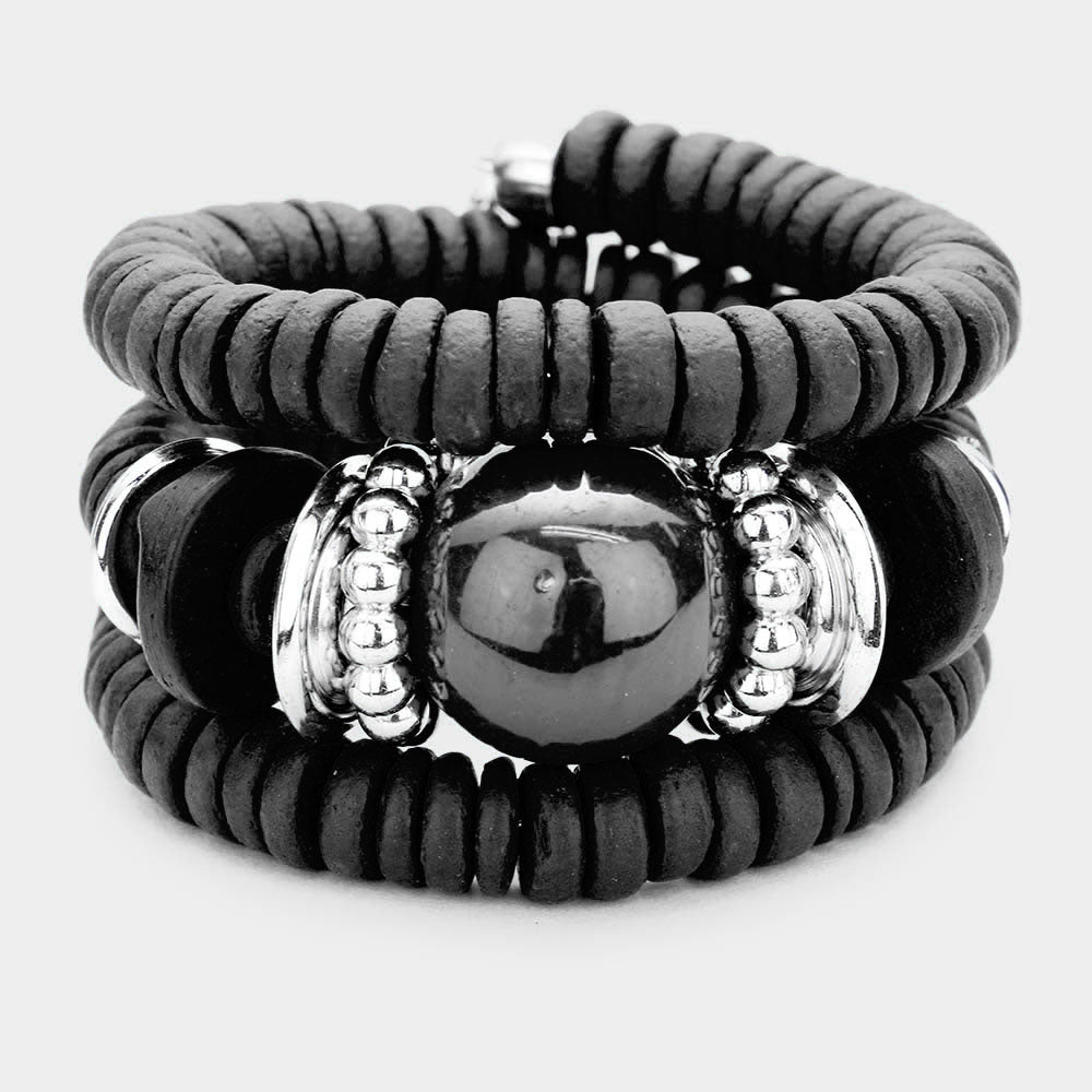 Resin Ball Accented Wood Beaded Adjustable Bracelet