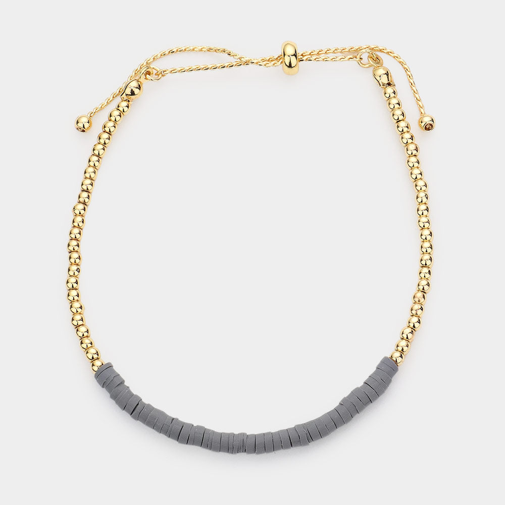 Heishe Beaded Metal Ball Beaded Adjustable Cinch Pull Tie Bracelet