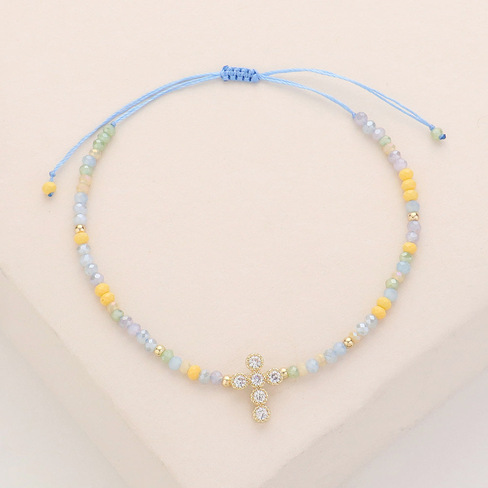 CZ Stone Pointed Cross Pendant Faceted Beaded Cinch Pull Tie Bracelet