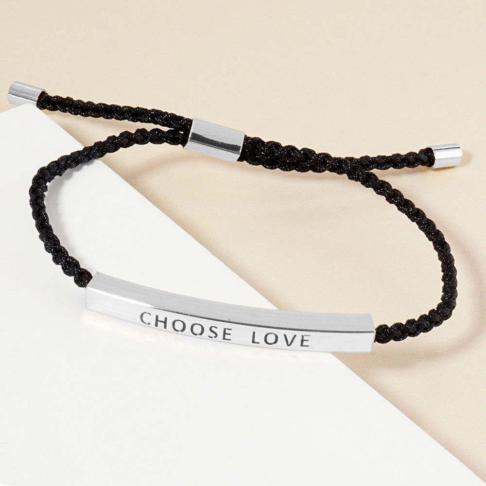 White Gold Dipped CHOOSE LOVE Message Bar Pointed Rope Adjustable Cinch Pull Tie Bracelet