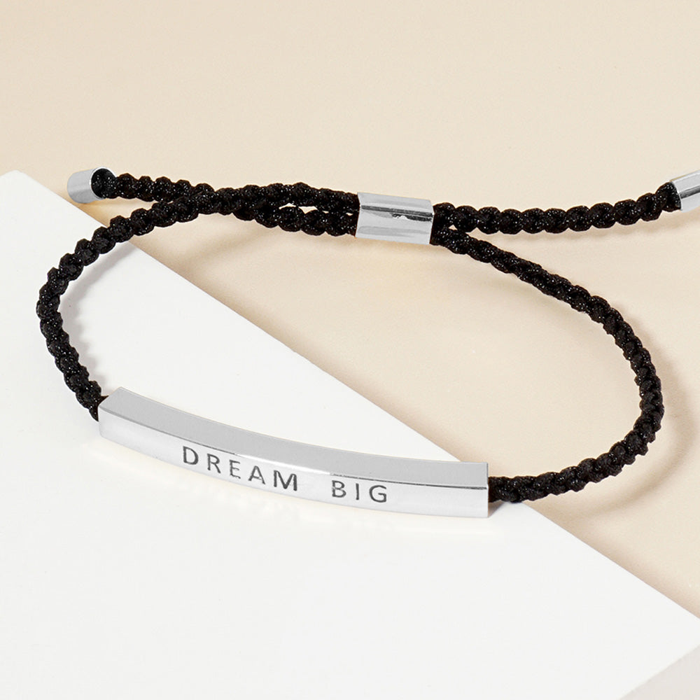 White Gold Dipped DREAM BIG Message Bar Pointed Rope Adjustable Cinch Pull Tie Bracelet