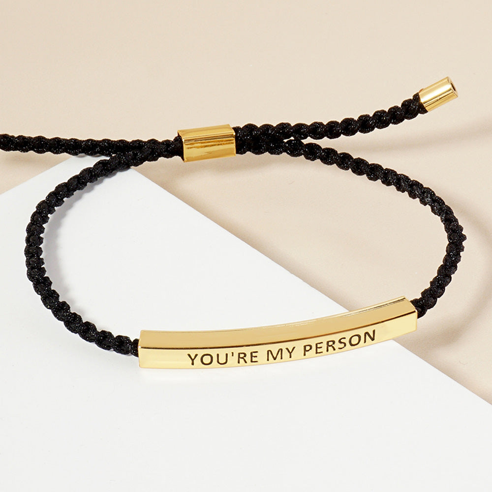 Gold Dipped YOURE MY PERSON Message Bar Pointed Rope Adjustable Cinch Pull Tie Bracelet