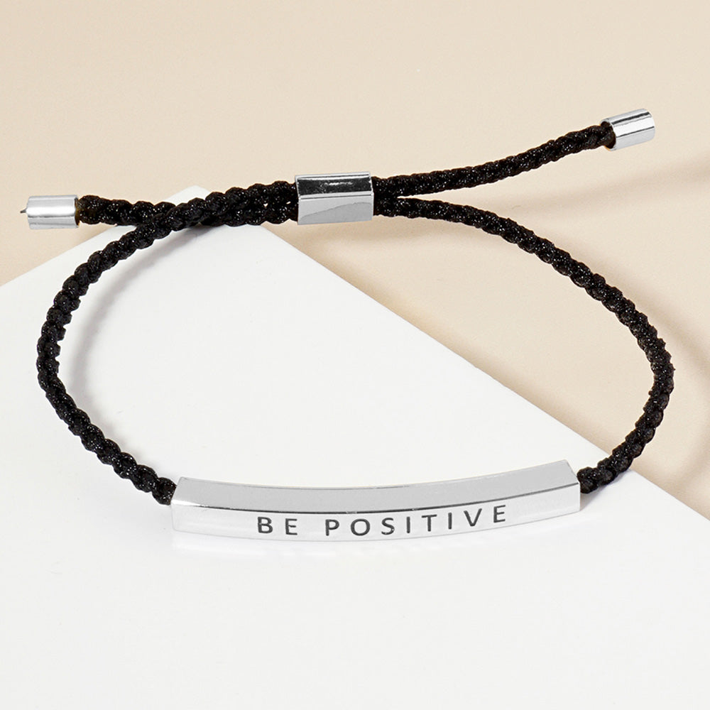 White Gold Dipped BE POSITIVE Message Bar Pointed Rope Adjustable Cinch Pull Tie Bracelet