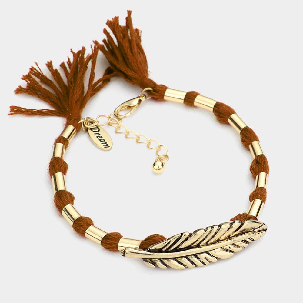 "Dream" Feather Accented Thread Tassel Bracelet