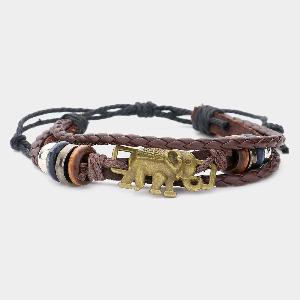 Metal Elephant Multi-Tier Faux Leather Adjustable Cinch Pull Tie Bracelet