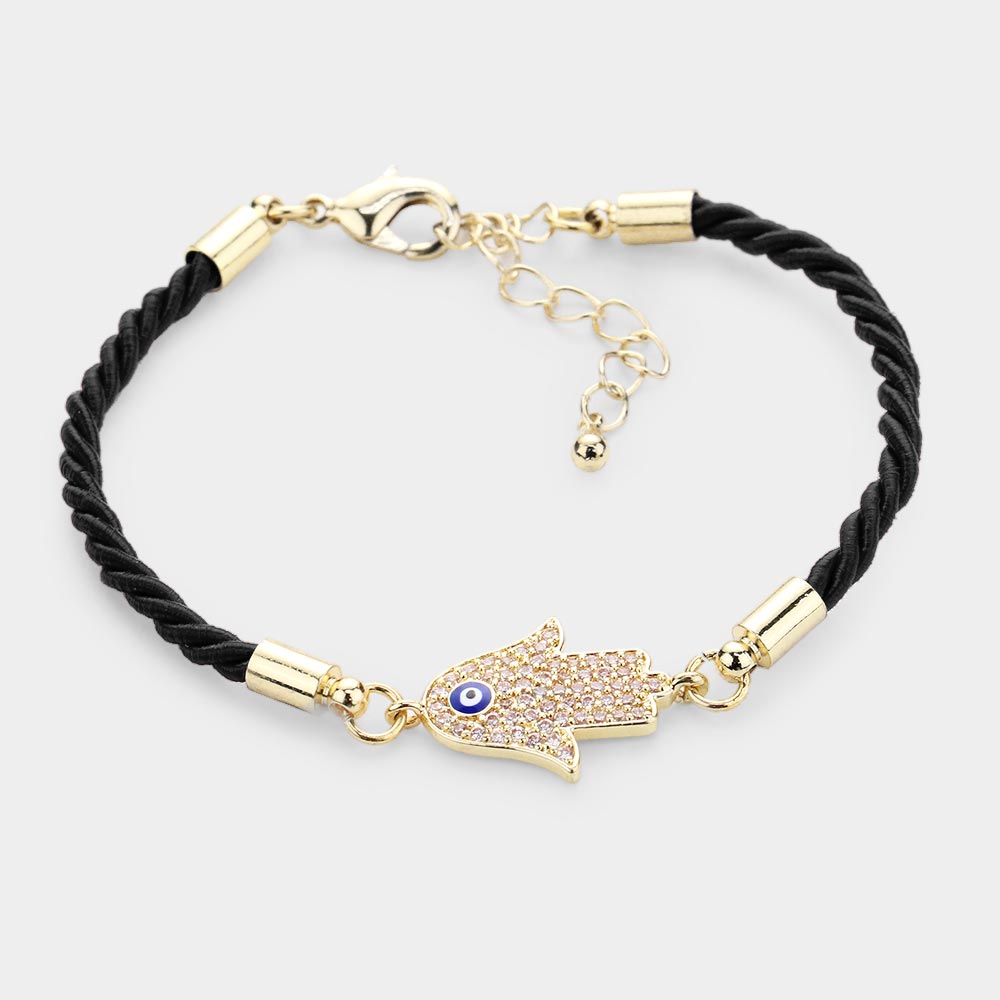 Rhinestone Embellished Hamsa Hand Enamel Evil Eye Charm Bracelet