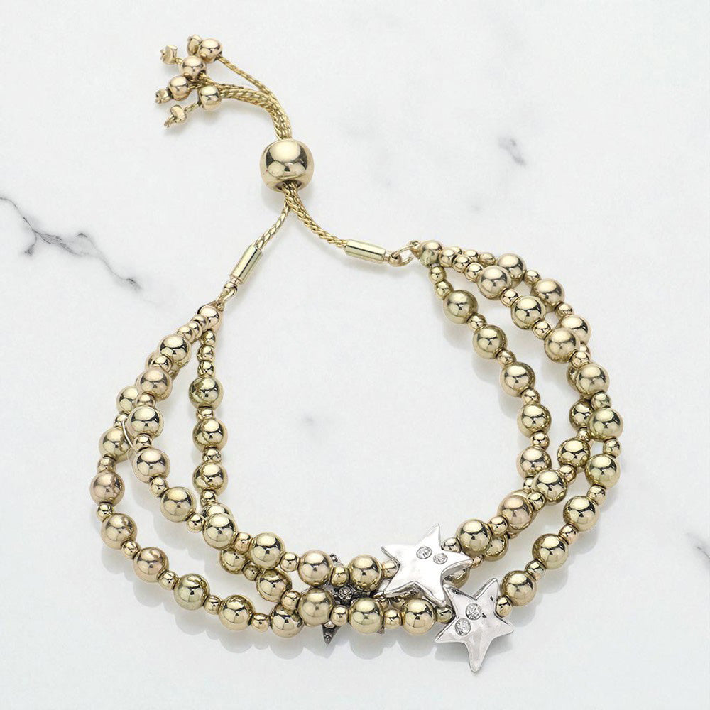 Stone Paved Star Pointed Beaded Triple Layered Pull Tie Cinch Bracelet