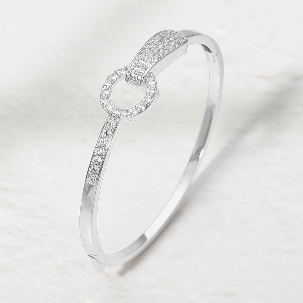 Rhodium Plated CZ Pave Ring Link Hinged Bangle Bracelet