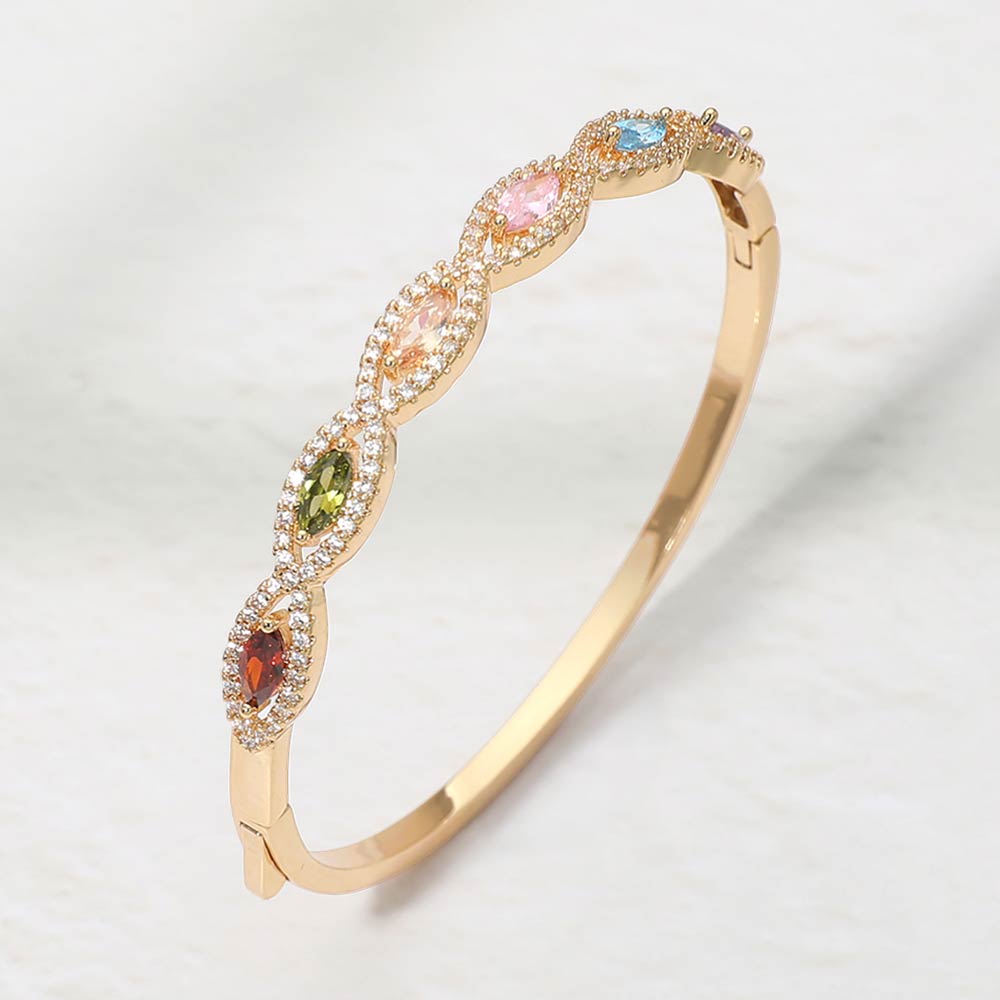 14K Gold Plated Marquise CZ Stone Cluster Around Hinged Bangle Bracelet