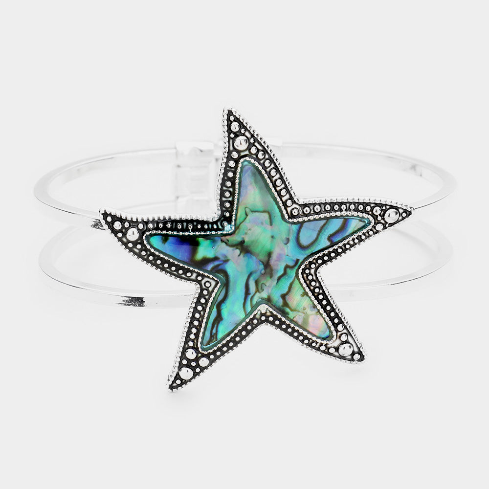 Abalone Starfish Antique Metal Hinged Bracelet