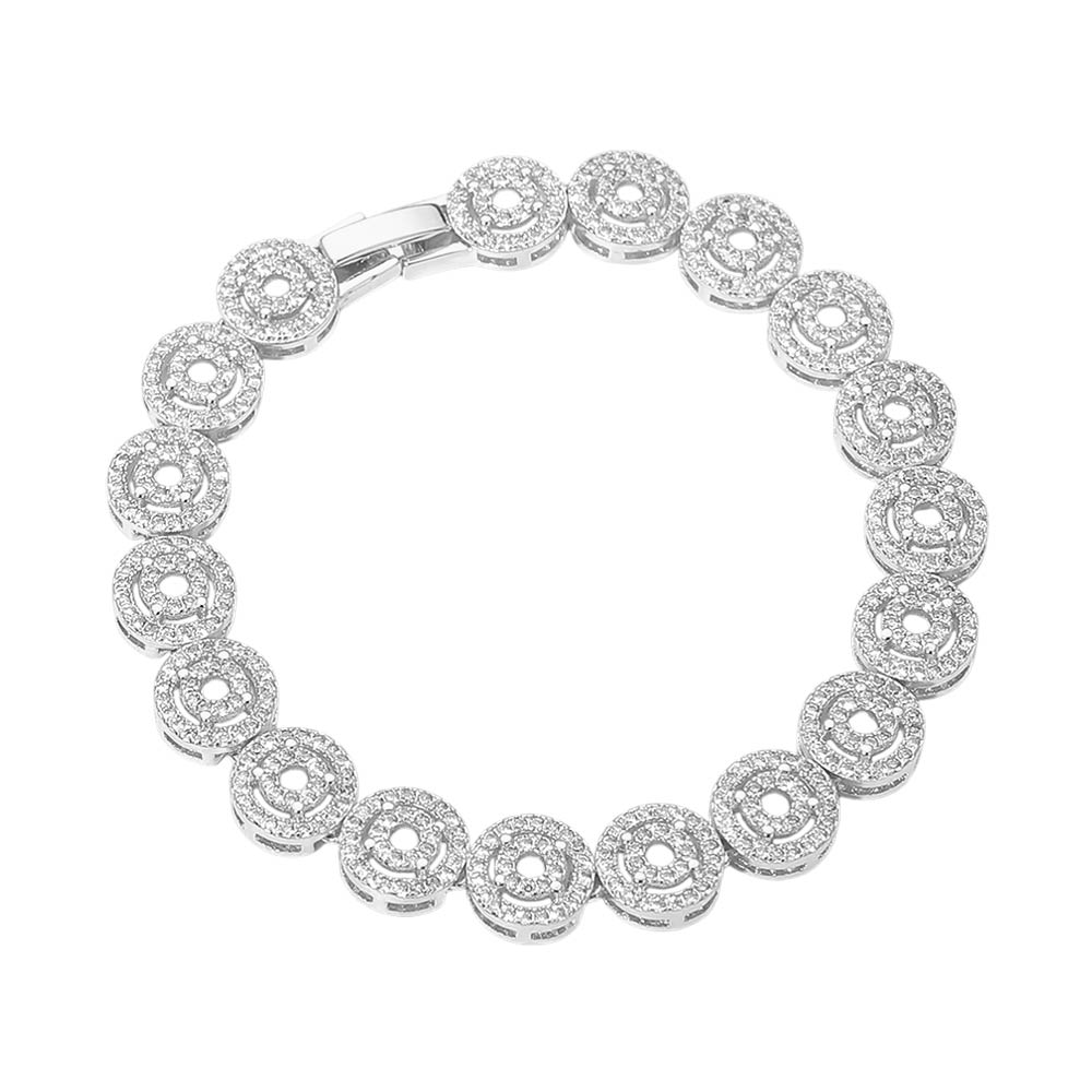 Rhodium Plated Round Halo CZ Link Tennis Bracelet