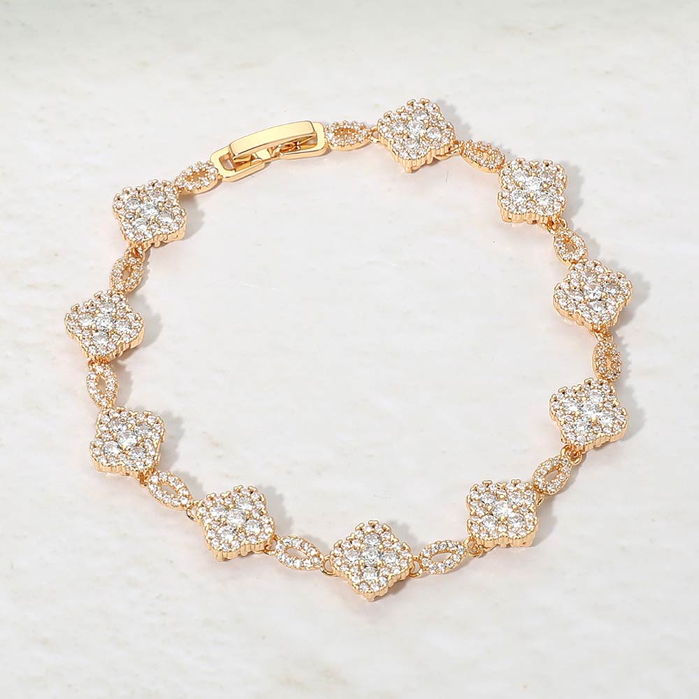 14K Gold Plated CZ Pave Quatrefoil Link Bracelet