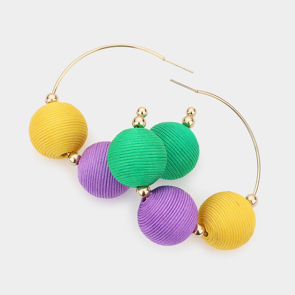 Women's Mardi Gras Thread Ball Accented Hoop Earrings