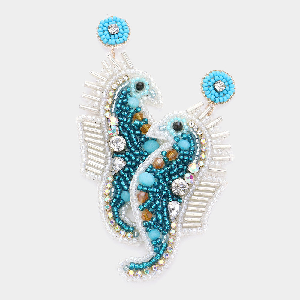 Felt Back Stone Seed Beaded Seahorse Dangle Earrings