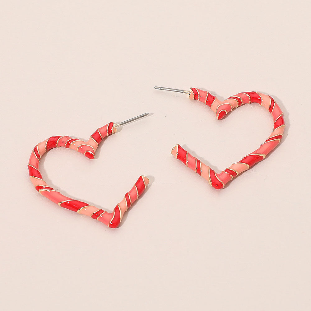 Enamel Twisted Candy Cane Open Heart Hoop Earrings