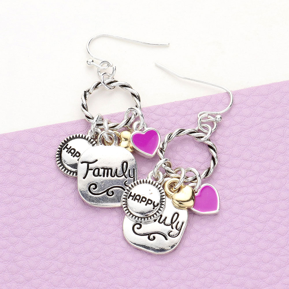 Braided Open Circle Happy Family Enamel Heart Dangle Earrings