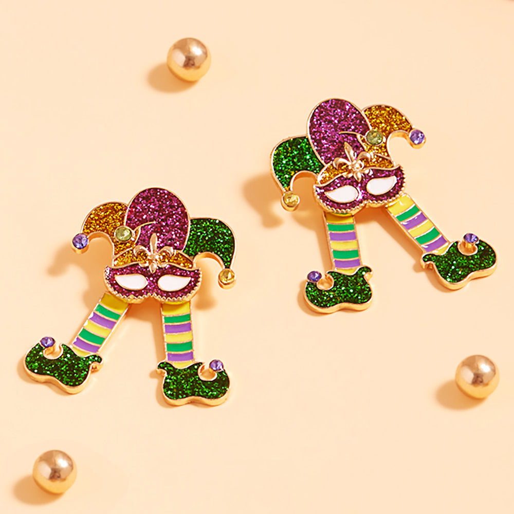 Glittered Enamel Mardi Gras Jester Earrings