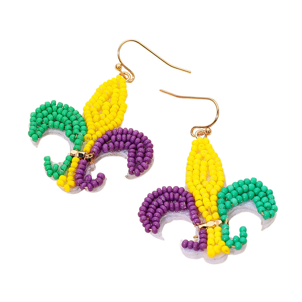 Felt Back Mardi Gras Seed Beaded Fleur de Lis Dangle Earrings