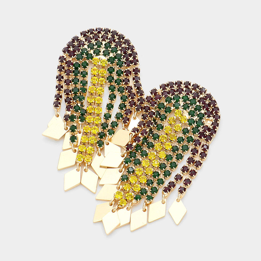 Mardi Gras Metal Rhombus Tip Rhinestone Half Moon Fringe Earrings
