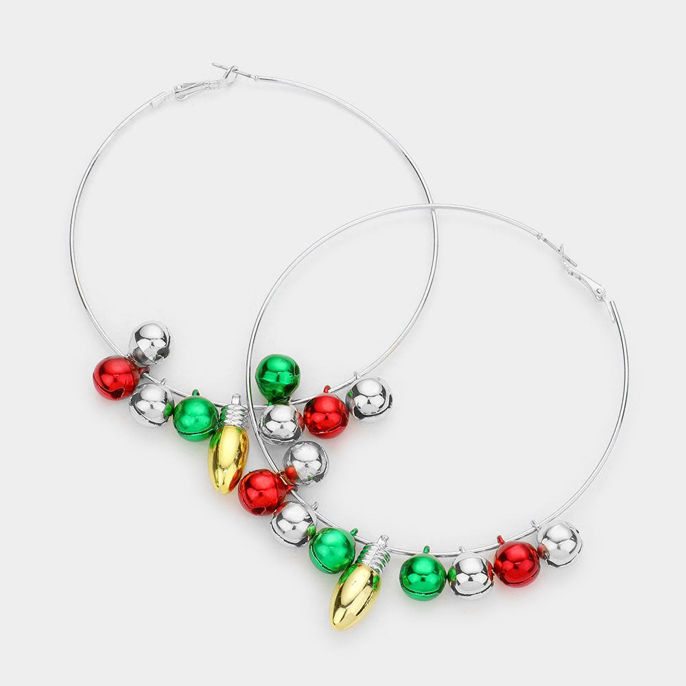 Christmas Bell Bulb Charm Metal Hoop Earrings