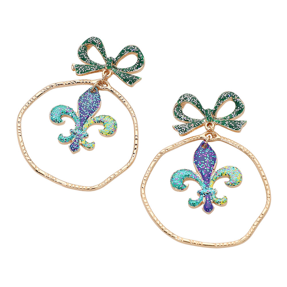 Mardi Gras Fleur De Lis Bow Hoop Drop Dangle Earrings