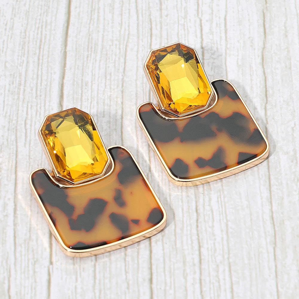 Geometric Stone Accent Printed Resin Plate Drop Earrings