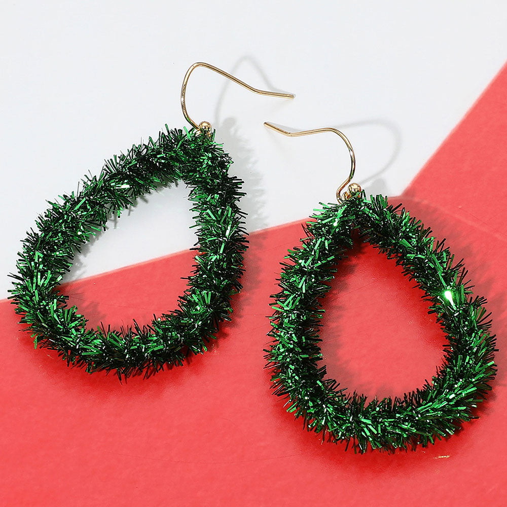Christmas Tinsel Open Teardrop Dangle Earrings