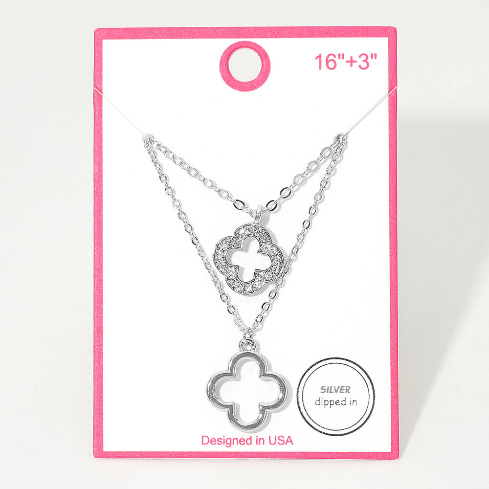 Silver Dipped Double Quatrefoil Pendant Layered Necklace
