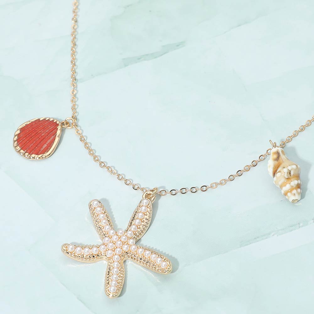 Pearl Pave Starfish Conch Shell Charm Necklace