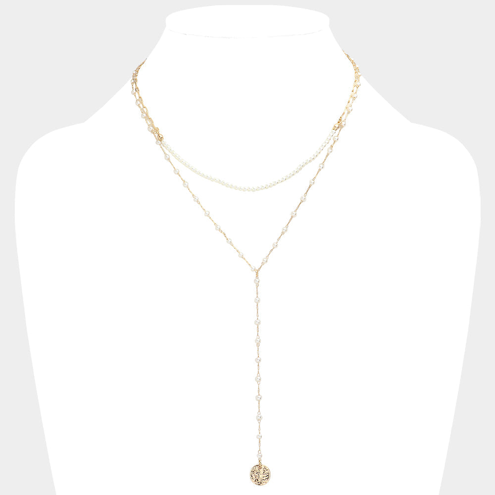 Metal Disc Pendant Pearl Double Layered Y Necklace