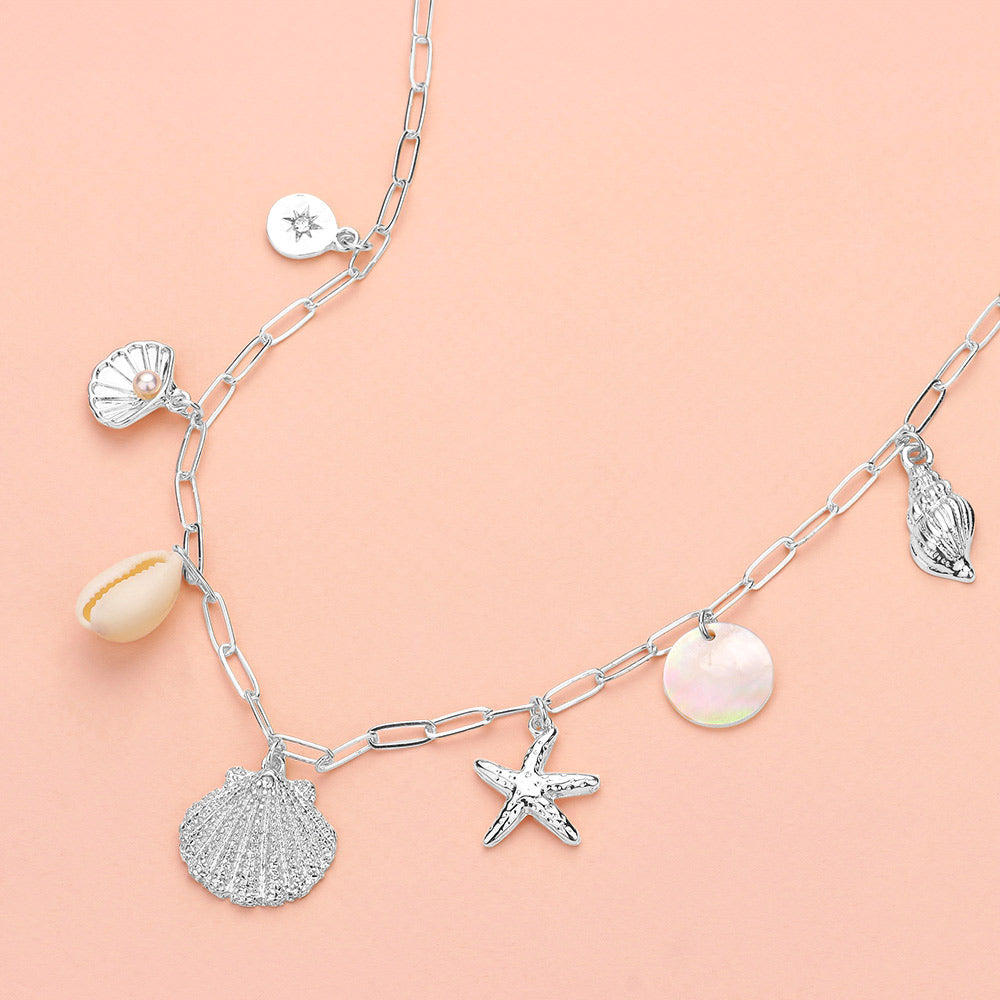 Shell Starfish Puka Shell Charm Station Paperclip Chain Necklace