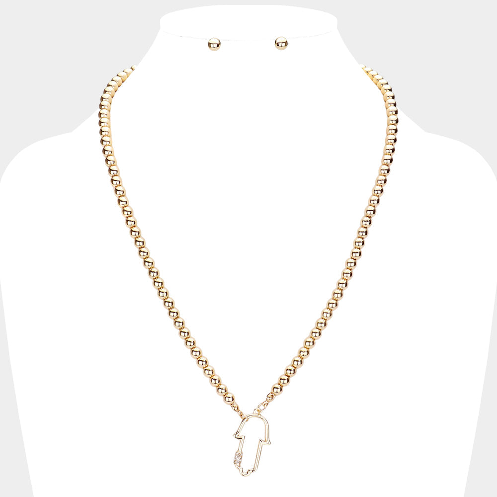 Rhinestone Embellished Hamsa Hand Pendant Necklace