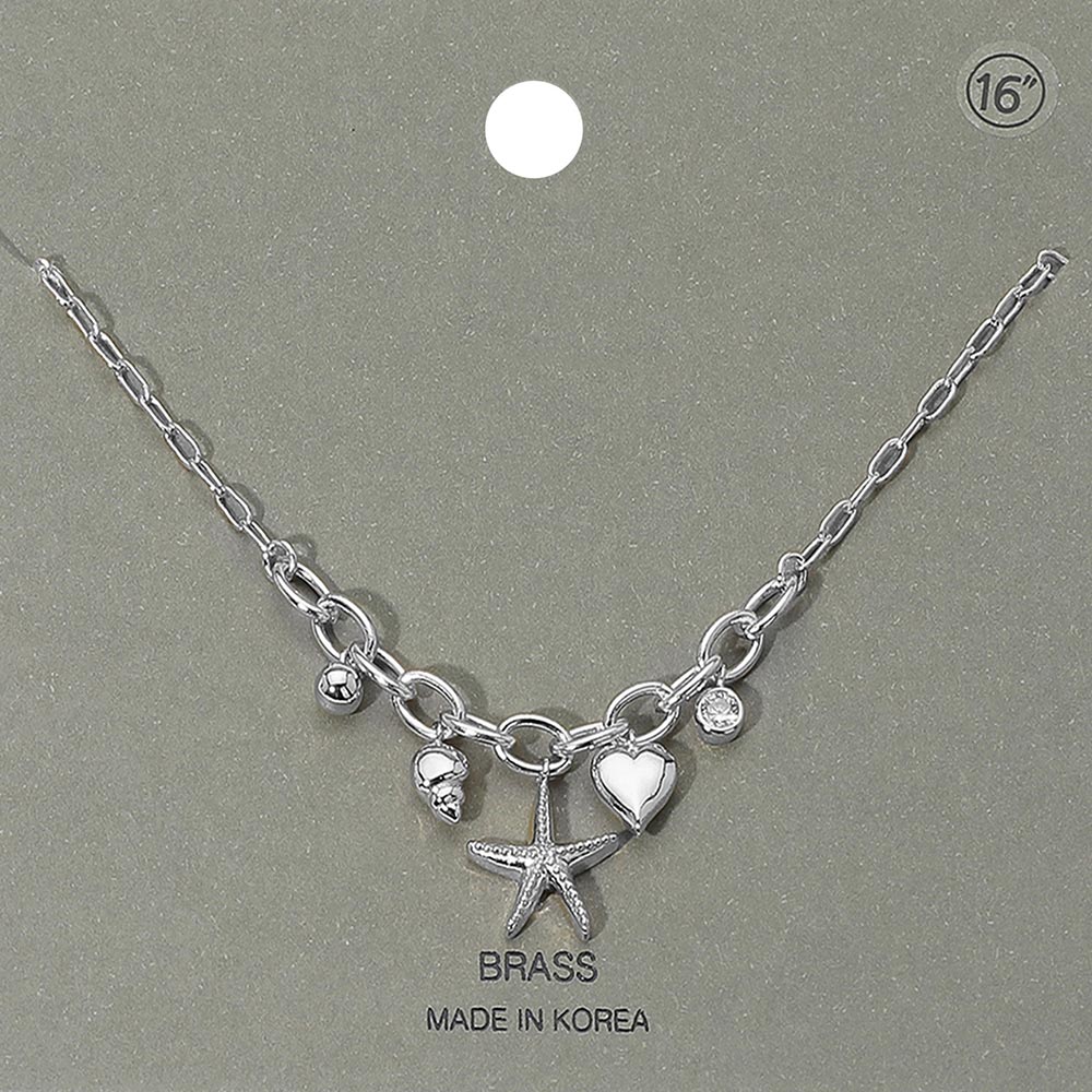 Starfish Heart Shell Stone Bezel Charm Station Paperclip Chain Necklace