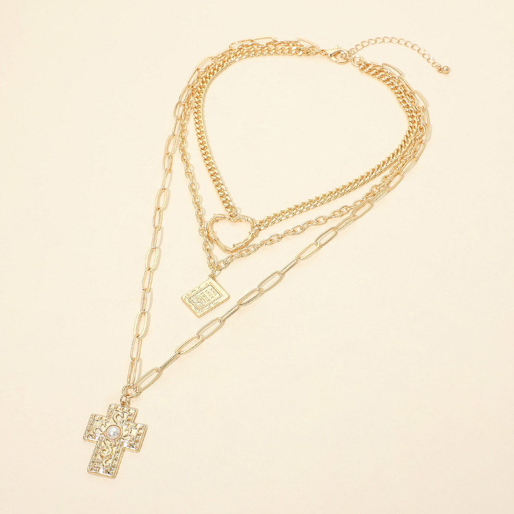 Hammered Metal Pearl Center Cross Bible Book Open Heart Pendant Accent Layered Statement Necklace