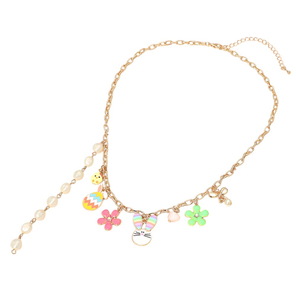 Easter Bunny Chick Flower Pearl Heart Charm Station Necklace