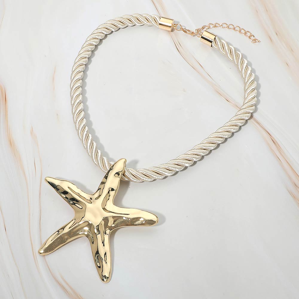 Hammered Metal Starfish Pendant Accent Bold Rope Chain Statement Necklace