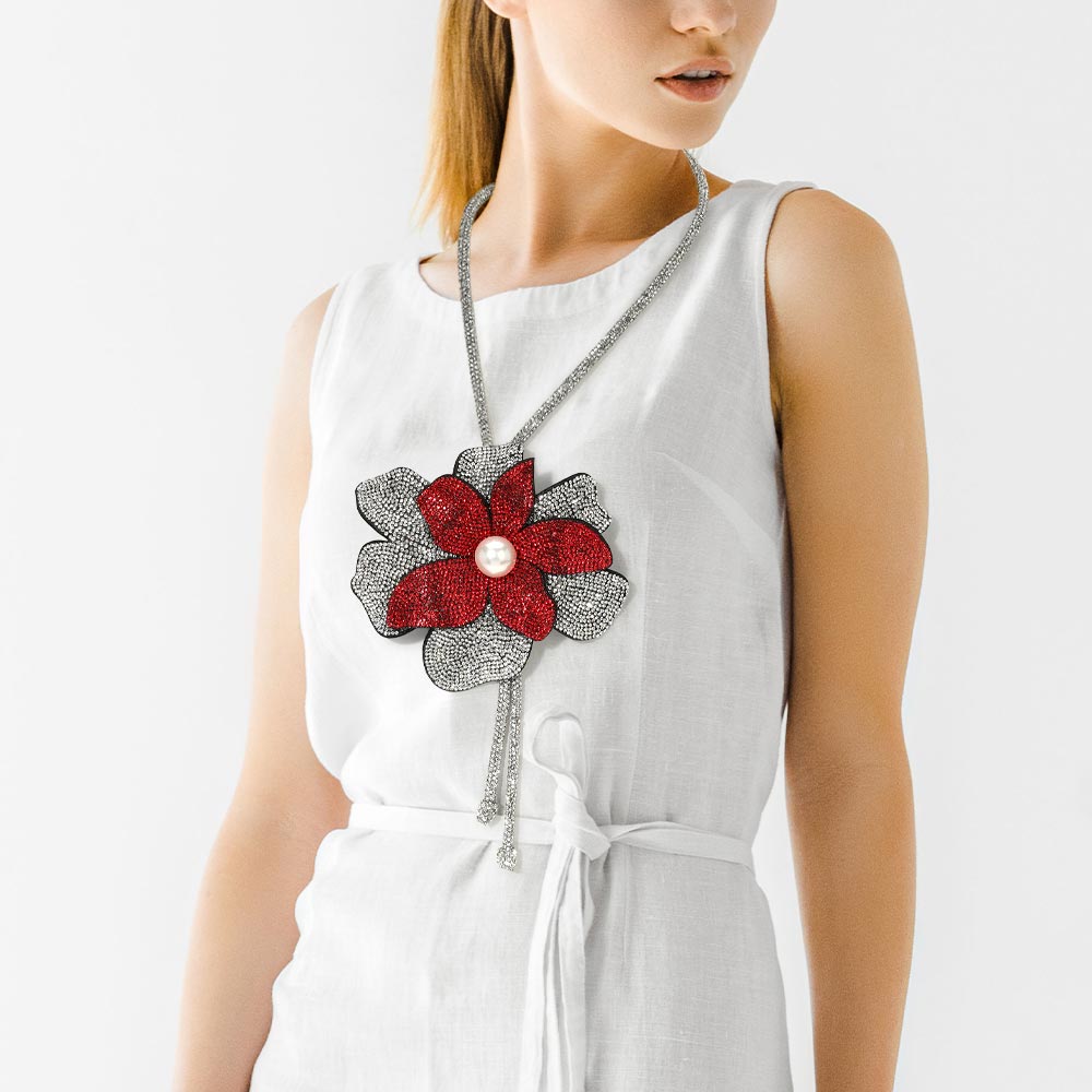 Women's Pearl Centered Bling Studded Flower Pointed Bolo Tie Statement Necklace
