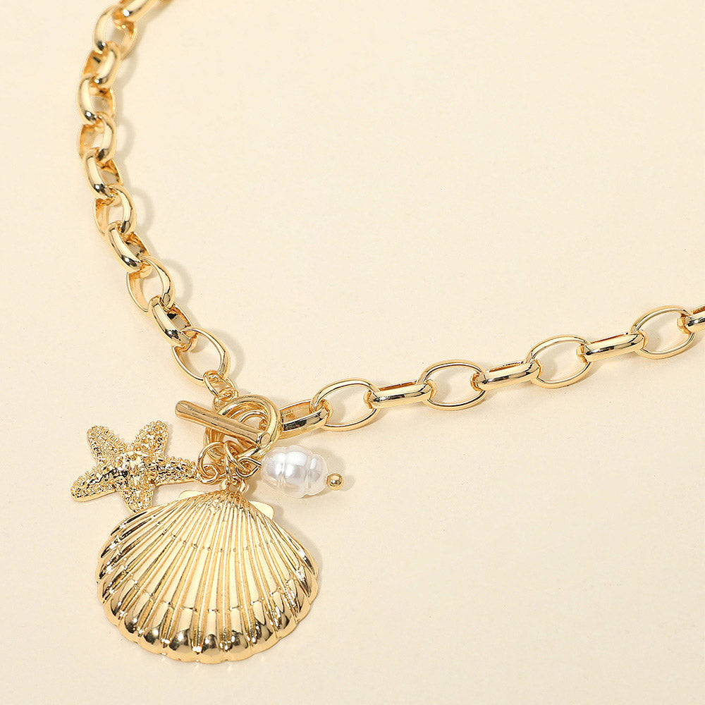 Women's Seashell Starfish Pearl Charm Toggle Chunky Chain Statement Necklace