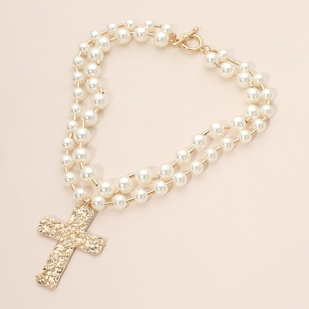 Bold Hammered Metal Cross Pendant Pearl Beaded Layered Necklace