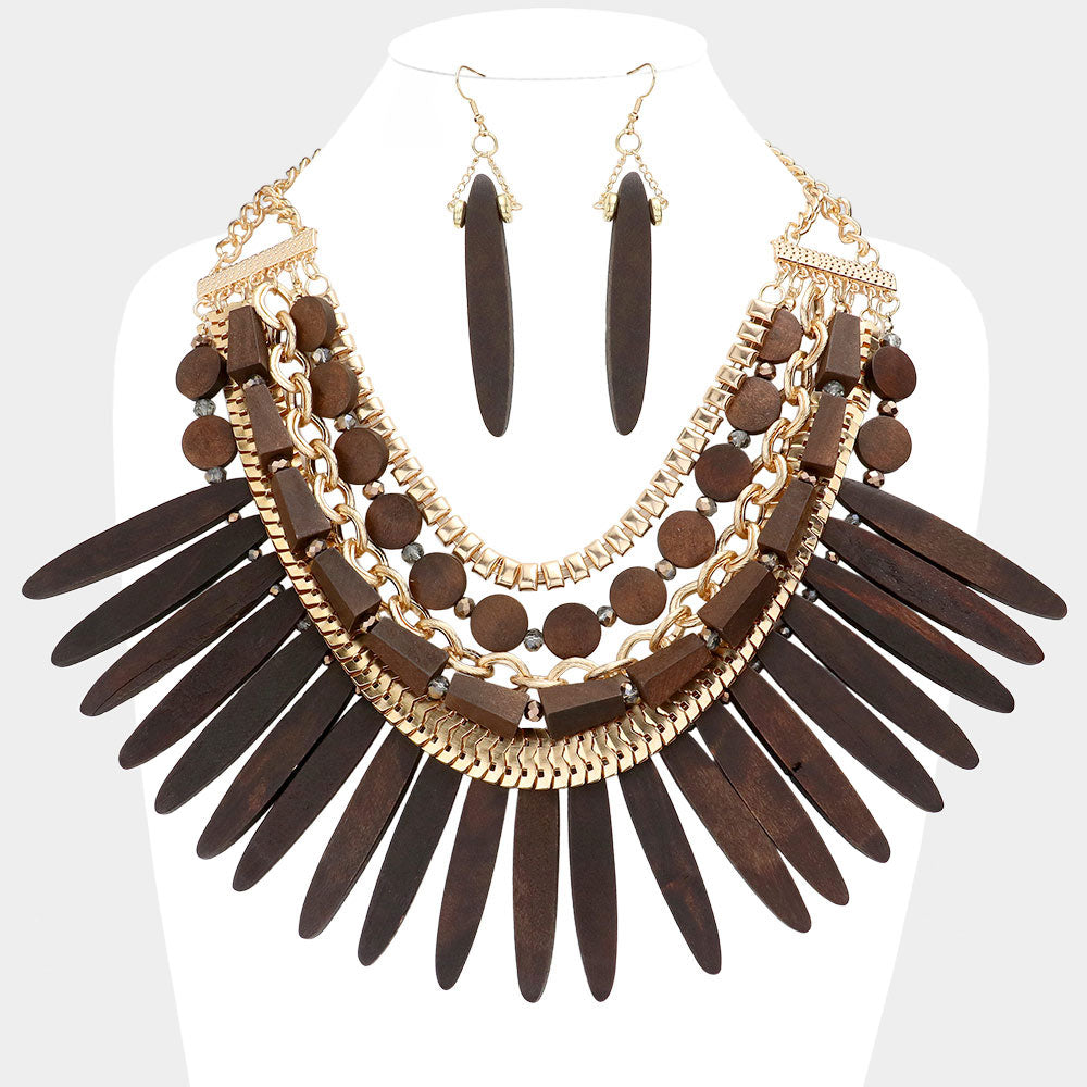 Wooden Spike Accented Metal Chain Layered Bib Necklace