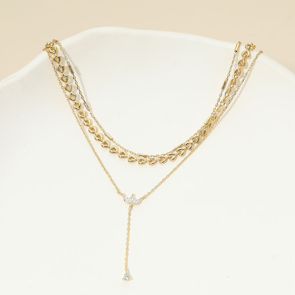 18K Gold Dipped Marquise Stone Cluster Triangle Cluster Lariat Drop Accent Mixed Chain Layered Necklace