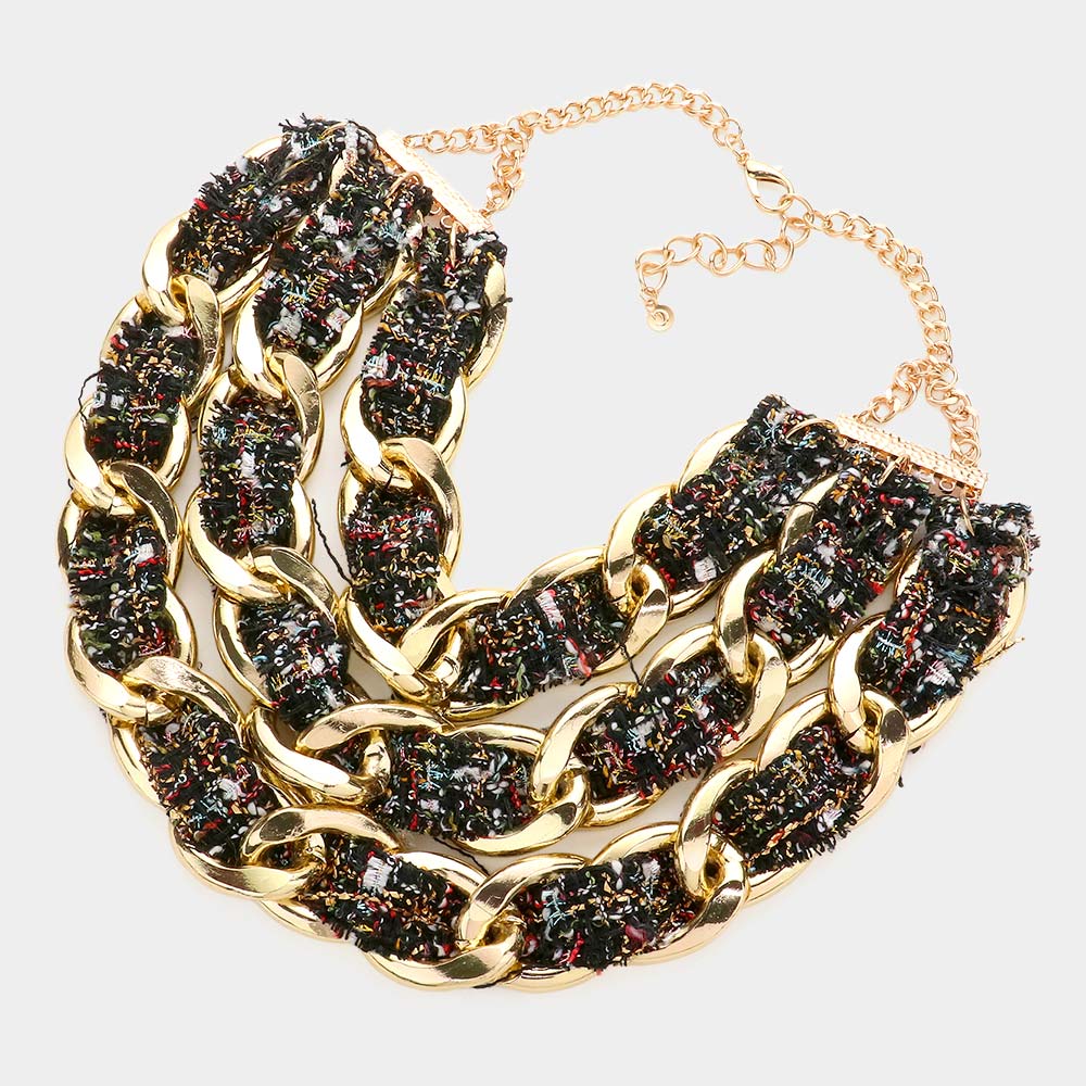 Tweed Fabric Metal Chain Link Triple Layered Bib Necklace