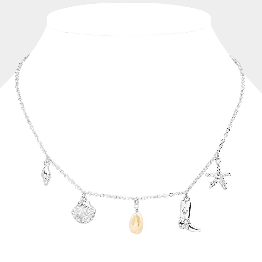 Shell Western Boots Starfish Charm Station Necklace