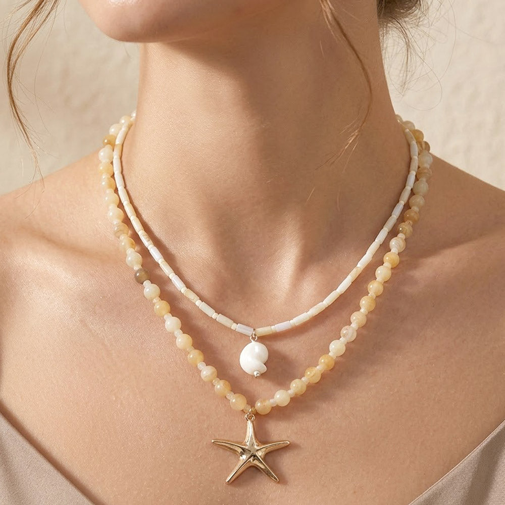 Starfish Spiral Shell Pendant Accent Beaded Layered Necklace