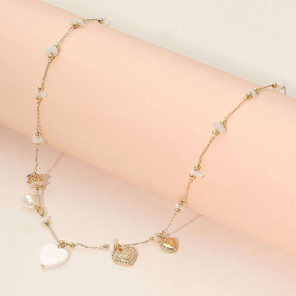 Heart Charm Delicate Bead Station Necklace