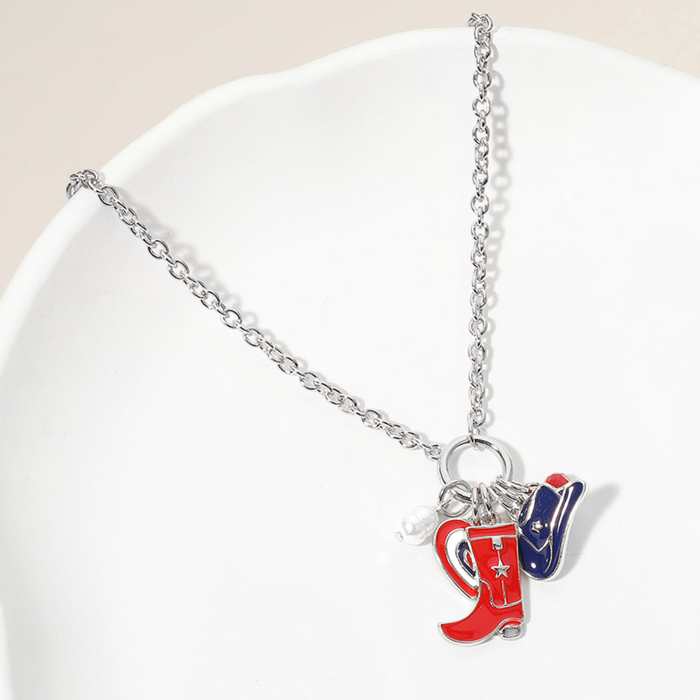 Enamel American USA Flag Western Cowboy Boot Hat Heart Pearl Charm Pendant Necklace