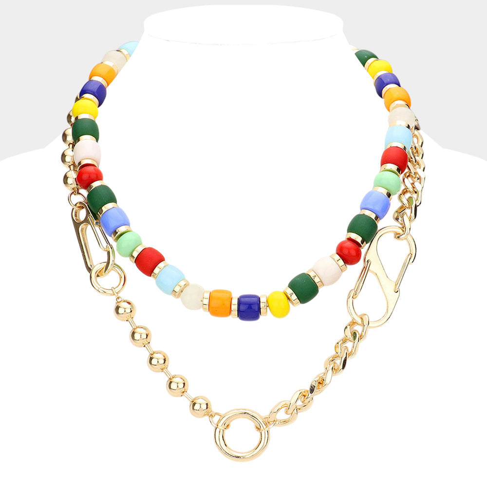 Metal Link Colorful Beaded Double Layered Necklace