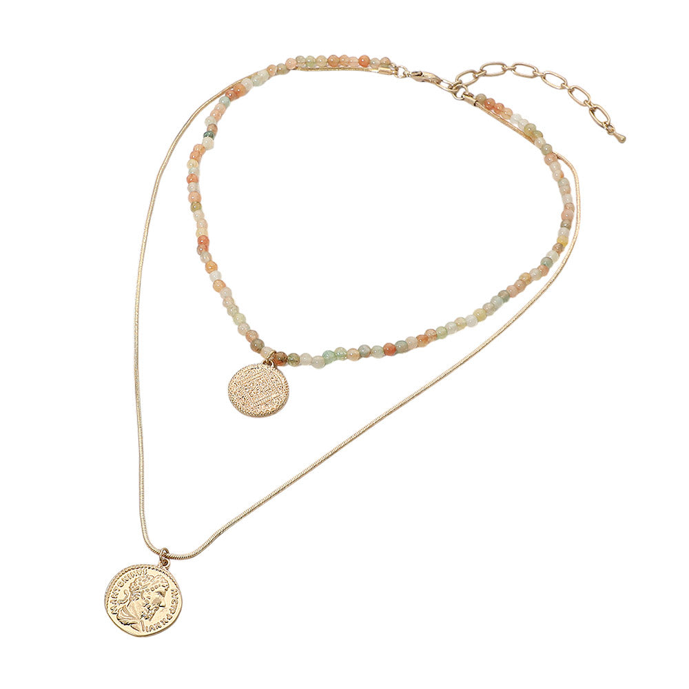 Layered Coin Pendant Beaded Necklace