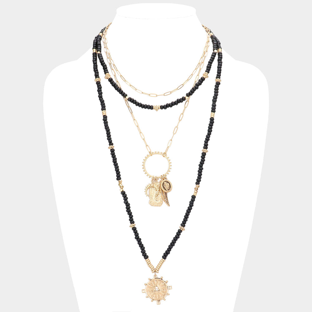 Double Horn Evil Eye Centered Pendant Wood Beaded Multi Layered Necklace