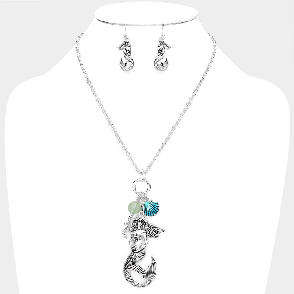 Enamel Shell Metal Mermaid Coral Pendant Necklace